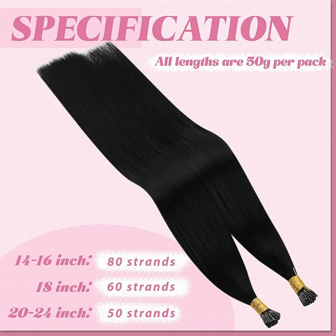 YoungSee I Tip Hair Extensions Black I Tip Extensions Jet Black 50g Itip Hair Extensions 16In Itips Hair Extension Real Human Hair Straight 80s Cold Fusion Hair Extension for Black Women