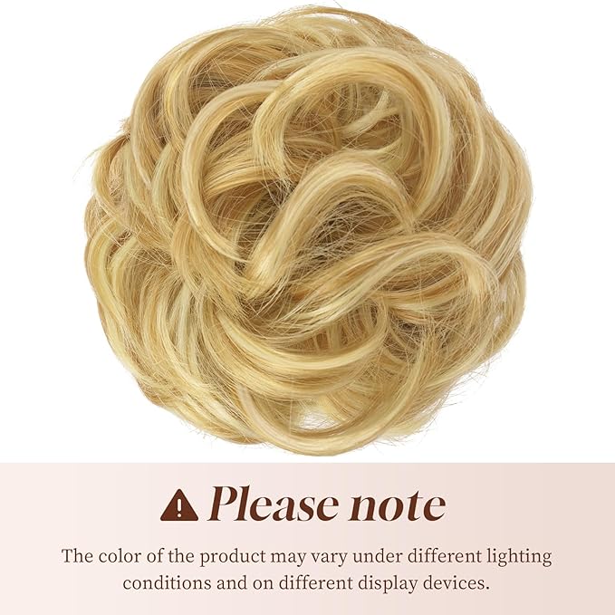 FESHFEN Messy Bun Hair Piece - Elastic Wavy Curly Hair Bun Scrunchies Extensions Synthetic Chignon Hairpieces for Women Girls, Strawberry Blonde & Bleach Blonde 1.5 oz