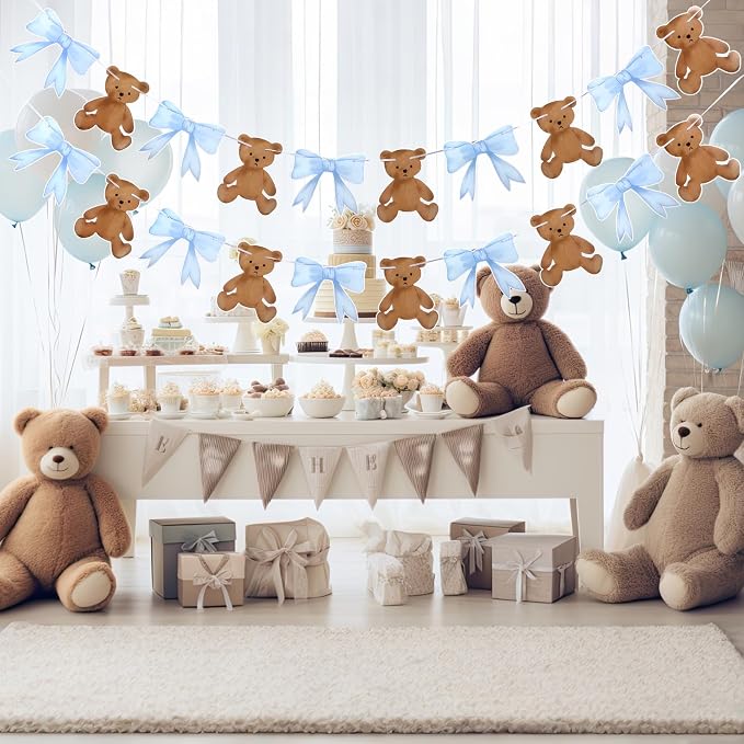 2 Pcs Blue We Can Bearly Wait Banner 6.56 ft Bear Theme Baby Shower Decorations - Image 5