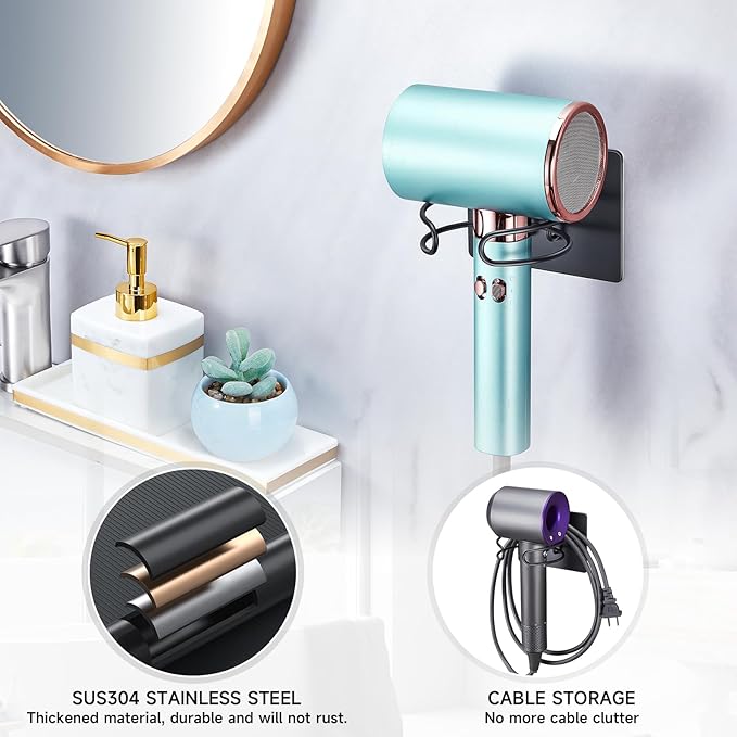 Hair Dryer Holder Wall Mounted, Hairdryer Holder for Bathroom, Blow Dryer Holder, Hair Tool Organizer for Hair Dryer Hanger Storage, Adhesive Blow Dryer Organizer (Black)