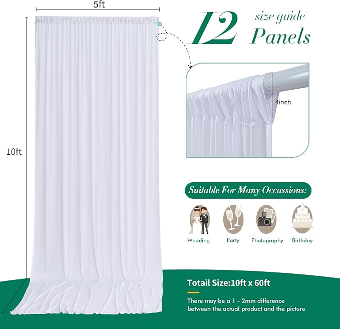 60 ft x 10 ft Wrinkle Free White Backdrop Curtain - Image 5