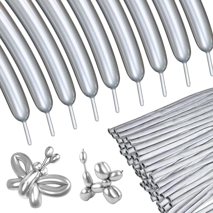 Silver Metallic 260 long Balloons 100 Pack Modeling Long Magic Balloons Shiny by ASIYUHY