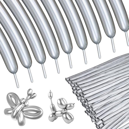 Silver Metallic 260 long Balloons 100 Pack Modeling Long Magic Balloons Shiny by ASIYUHY