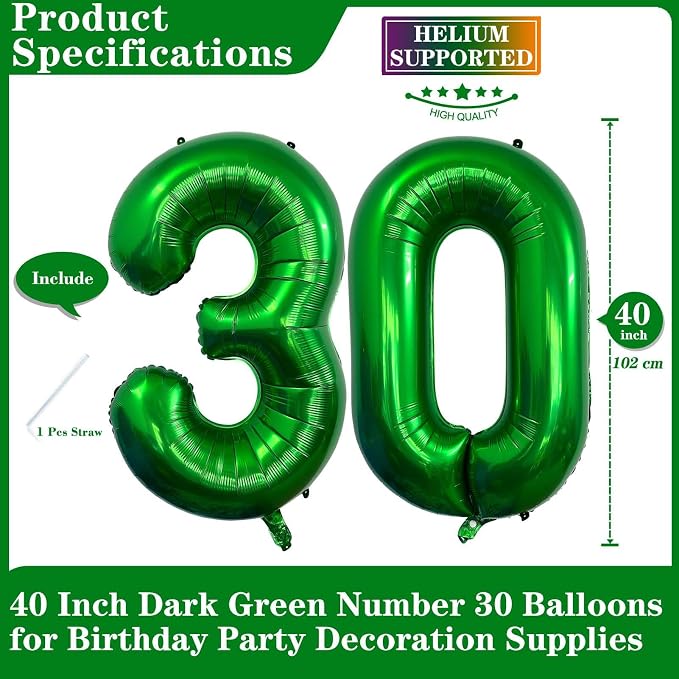 Dark Green 30 Number Balloons, 40 Inch Giant Number 30 Balloons Foil Mylar - Image 2