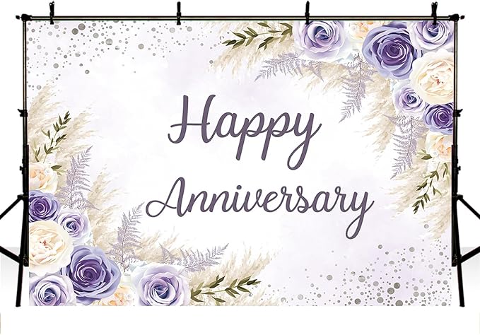 MEHOFOND Boho Happy Anniversary Backdrop Purple Floral Bohemia Pampas Grass - Image 3