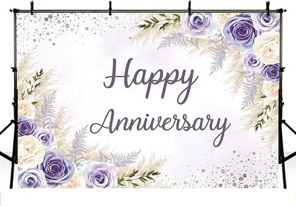 MEHOFOND Boho Happy Anniversary Backdrop Purple Floral Bohemia Pampas Grass - Image 3