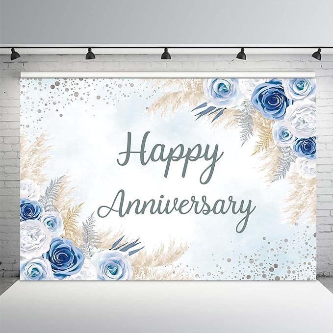 MEHOFOND Boho Happy Anniversary Backdrop Blue Floral Bohemia Pampas Grass - Image 2