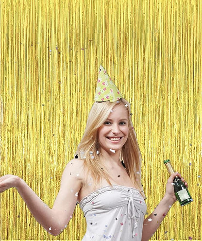 2 Pcs 3.2ft x 8.2ft Shiny Gold Metallic Tinsel Foil Fringe Curtains Photo Booth - Image 5