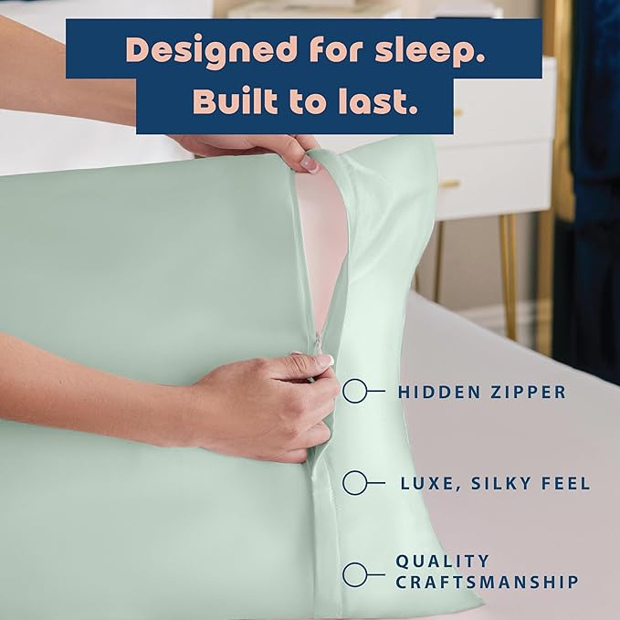 BLISSFORD Satin Pillowcase with Zipper, for Hair and Skin Care, Feels Soft and Cool Like a Silk Pillowcase, Satin Pillow Cases 2 Pack, Slik Pillow Cover, Mint - Standard Size, Set of 2