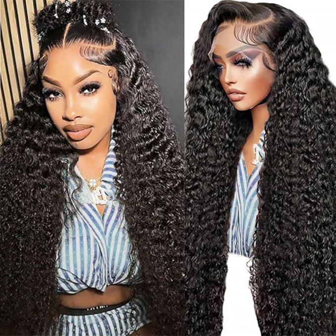 SOSATISFY 28 Inch 13x6 Deep Wave Lace Front Wigs Human Hair 200 Density HD Transparent Lace Frontal Curly Wigs for Women Glueless Curly Wigs Pre Plucked with Baby Hair Natural Color