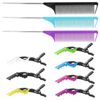 Rat Tail Comb Hair Clips Set: 3Pcs Rat Tail Combs, 7Pcs Alligator Clips (Black, Purple, Blue)