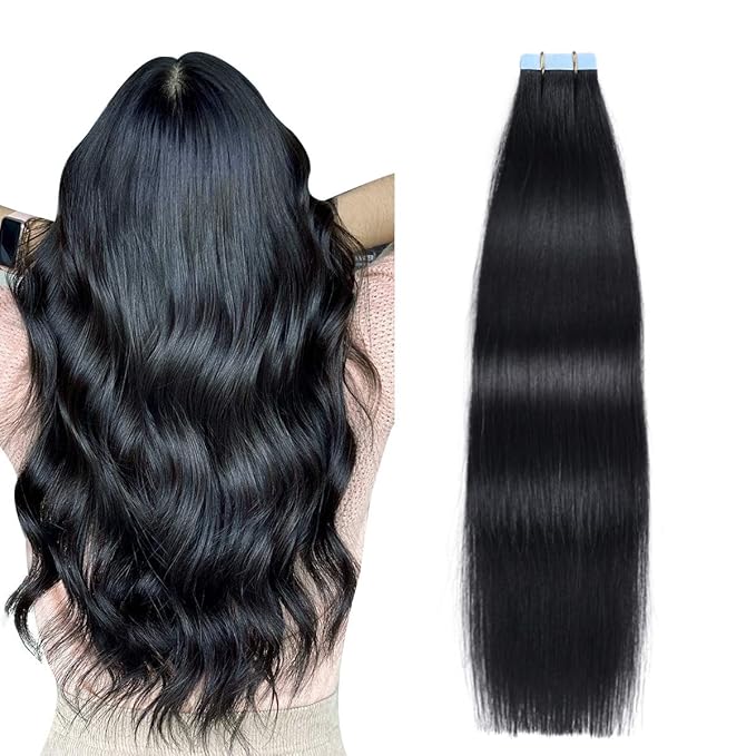 SUYYA Tape in Hair Extensions Human Hair 18 inches 50g/pack 20pcs Straight Seamless Skin Weft Jet Black Tape Hair Extensions (18 inches #1 Jet Black)