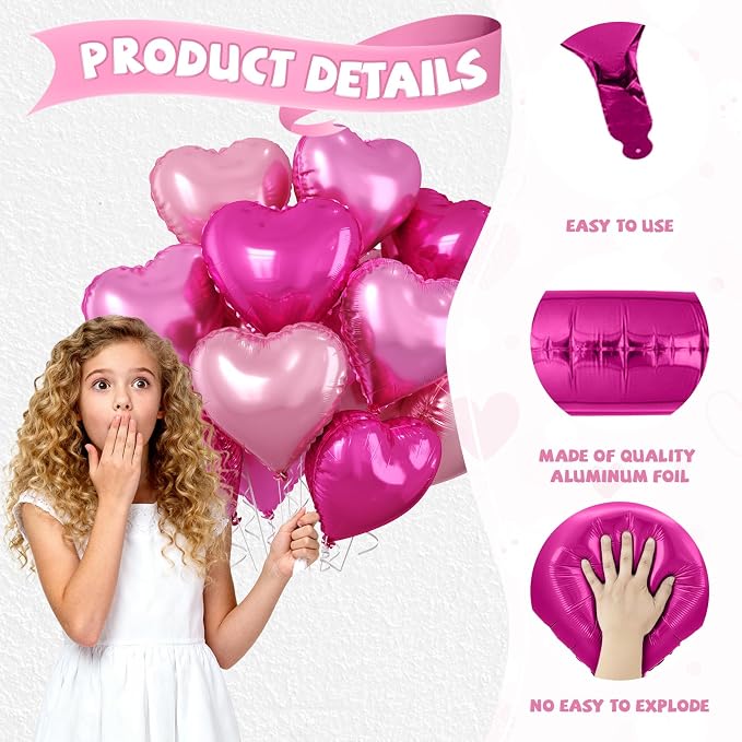 Pastel Pink Heart Balloons, 18 Inch Light Pink Rose Red Foil Balloons Helium - Image 3