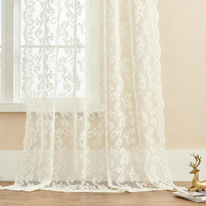Cream Lace Curtains 102 Inches Long 2 Panels Paisley Floral Lace Sheer Curtains - Image 5