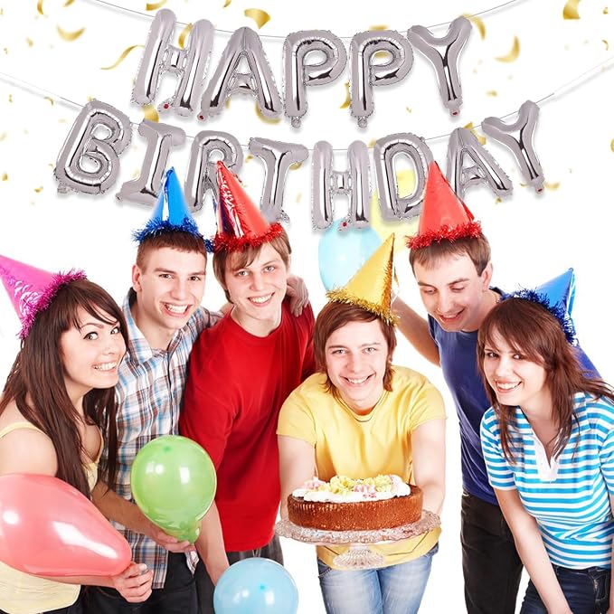 PIGETALE Silver Happy Birthday Balloons Banner, 16 Inch 3D Aluminum Foil - Image 4