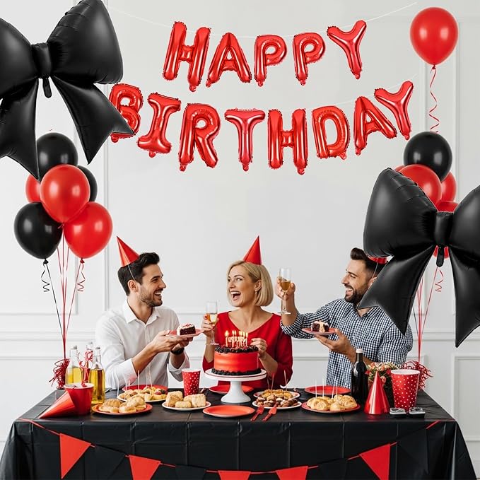Vuzvuv Black Happy Birthday Balloons, 38 Inches Huge Red Bow Aluminum Foil - Image 6