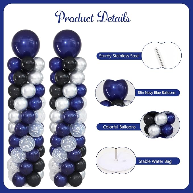 Navy Blue Black and Silver Balloon Column Stand Kit Set of 2 - Image 4