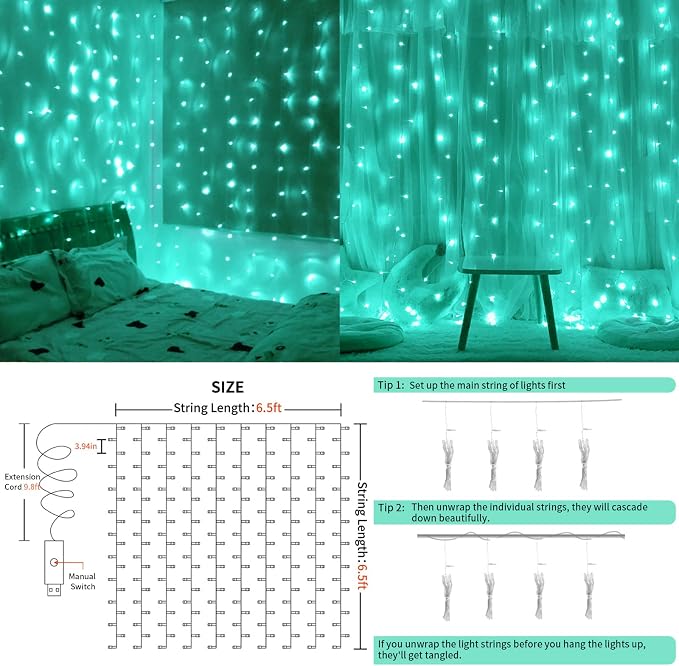 Curtain Lights for Christmas, 200 Led 6.5ft x 6.5ft Hanging String Lights - Image 6