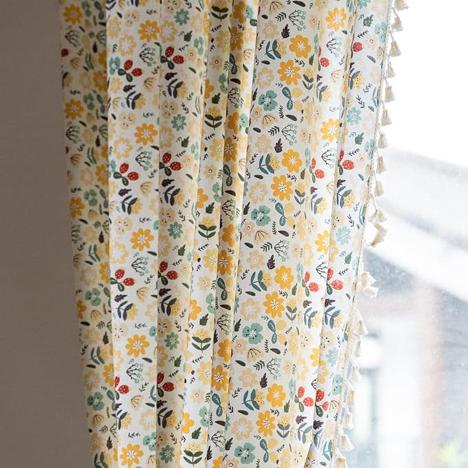 ENJOYBRIDAL Floral Curtains 96 Inch Length 2 Panels Tassel Boho Semi-Sheer by ENJOYBRIDAL