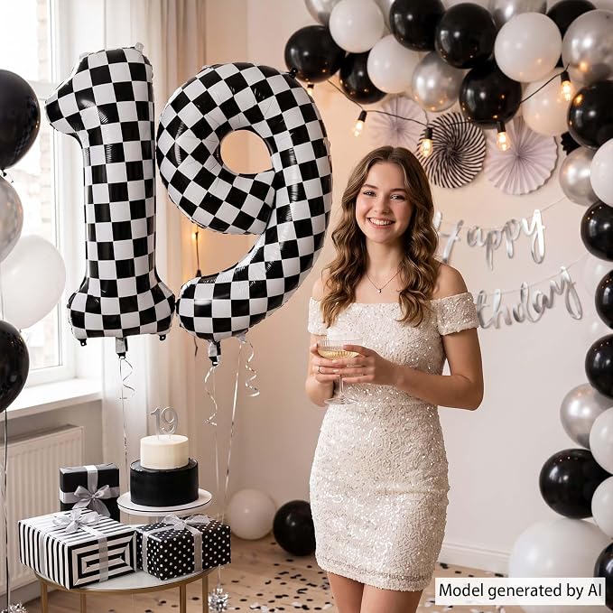 40 Inch Checkered Number 19 Balloon, Giant Foil Helium Party Decor | 40" mylar - Image 2