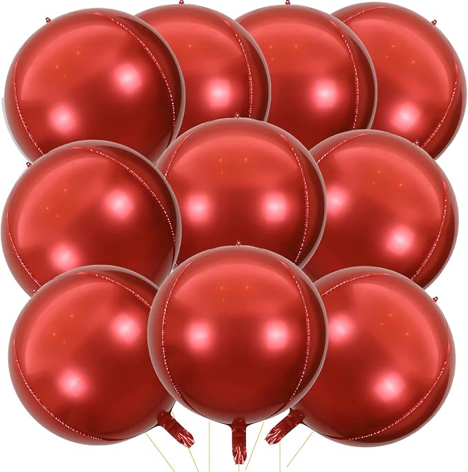 10 Pcs 22 Inch Red Mylar Balloons, Large 4D Giant Round Foil Balloon Big Mirror by KALOR