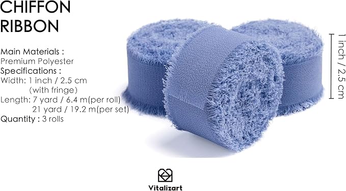 Vitalizart Dusty Blue Chiffon Silk Ribbon 1" x 21 Yd Handmade Frayed Fringe | - Image 2