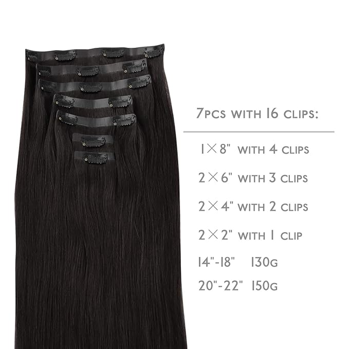 WENNALIFE Seamless Clip In Hair Extensions, 16 Inch 130g 7pcs Natural Black Hair Extensions Clip in Human Hair Invisible PU Skin Weft Natural Remy Human Hair Extensions