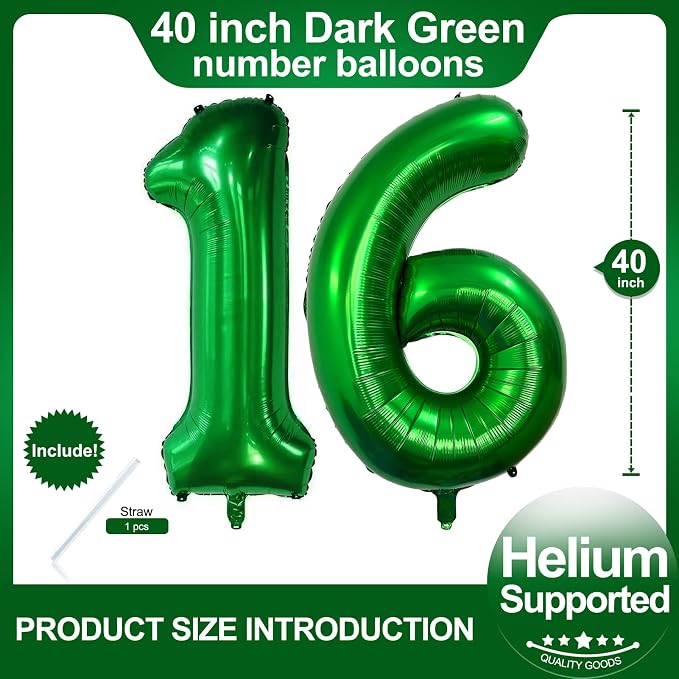 Number 16 Dark Green Balloons 40 Inch Giant Green 16 Numer Foil Helium Balloons - Image 2