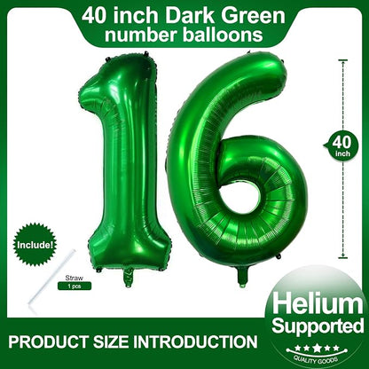 Number 16 Dark Green Balloons 40 Inch Giant Green 16 Numer Foil Helium Balloons - Image 2