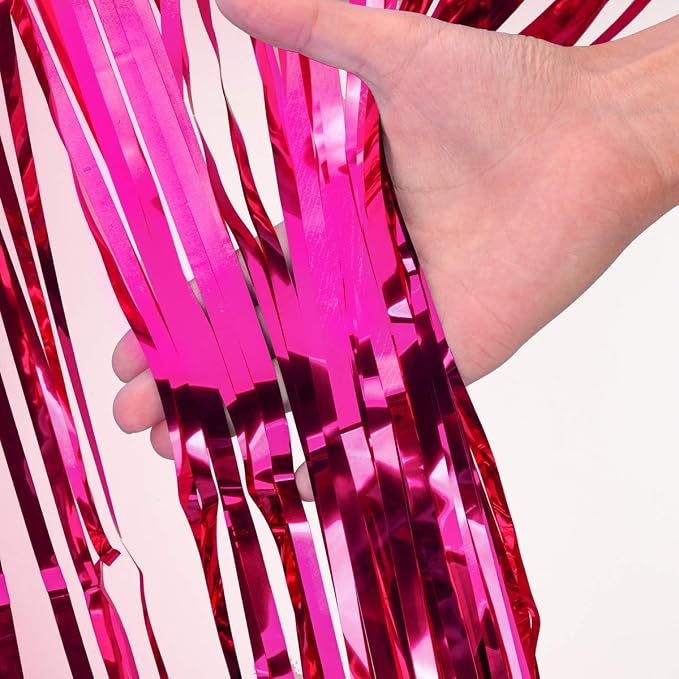 2 Pcs 3.2ft x 8.2ft Shiny Hot Pink Metallic Tinsel Foil Fringe Curtains Photo - Image 3