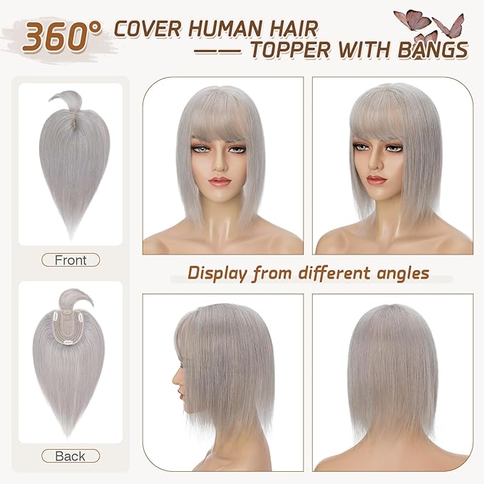 Rich Choices Real Human Hair Toppers for Women With Bang 100% Remy Human Hair Topper for Thinning Hair Clip in Silk Base Hair Topper 12 Inch GREY