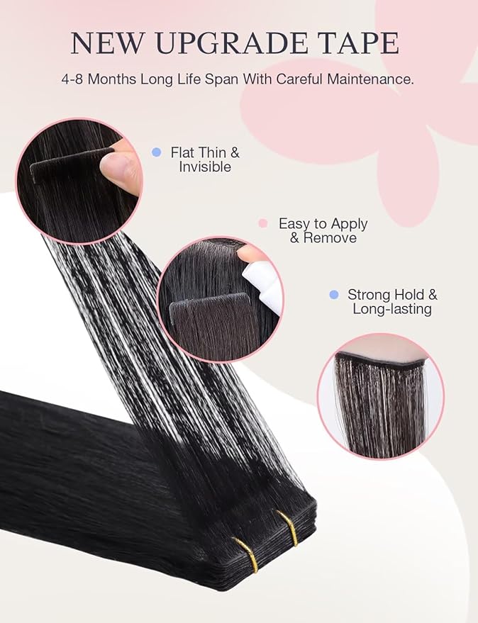 DOORES Invisible Tape in Hair Extensions Real Human Hair Invisi Edge, Jet Black 10pcs Injection Tape-ins 25g 18 Inch, Virgin Human Natural Injected Tape in Extensions Straight