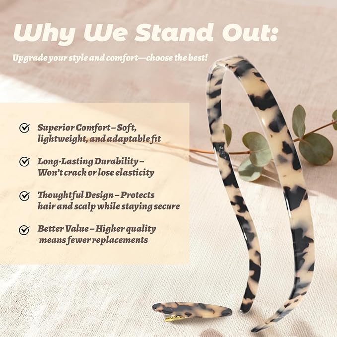 Hair Bands Eyewear-Friendly Design, Hairbands for Women - Non-Slip Thin Headbands with Teeth, No Pressure & No Headache Sunglasses Headband (Beige Tortoiseshell)