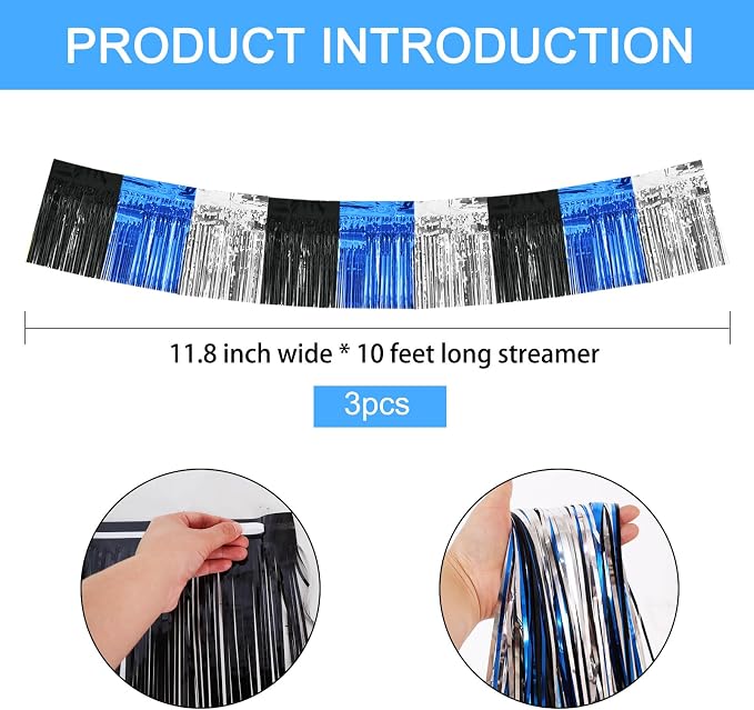 BEISHIDA Black Blue Silver Fringe Garland Banner Wall Tinsel Foil Streamers | - Image 2