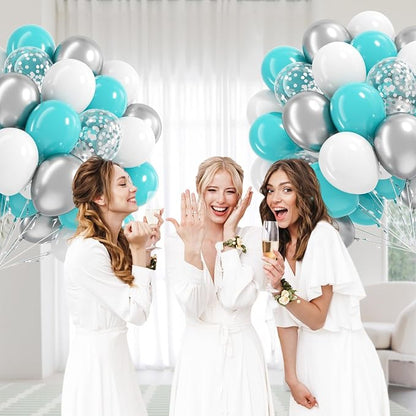 60pcs Teal Silver and White Balloons 12inch - Image 7