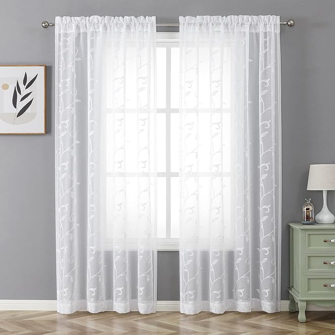 White Sheer Curtains Embroidered Leaves 2 Panels 54Wx120L | Light Filtering - Image 2