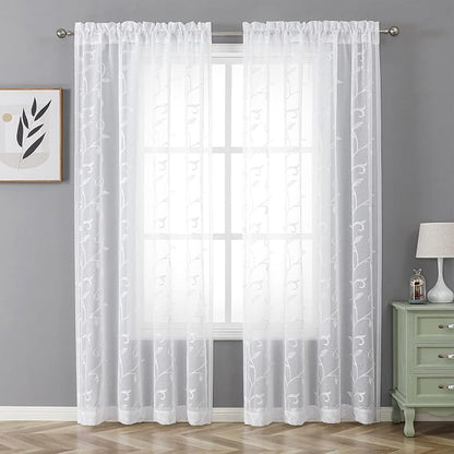 White Sheer Curtains Embroidered Leaves 2 Panels 54Wx120L | Light Filtering - Image 2