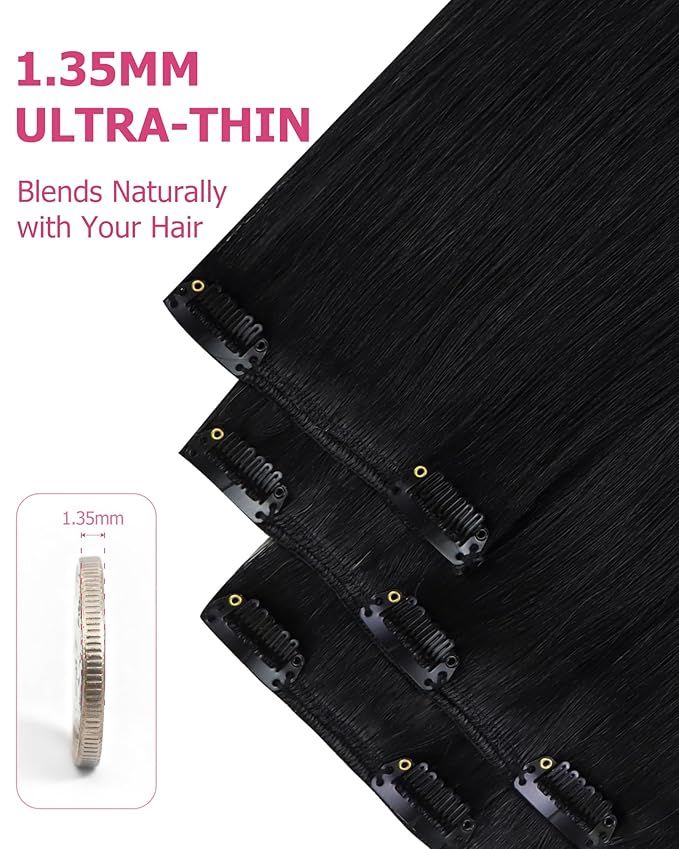 YoungSee 150G Clip in Hair Extensions Long Straight Hair Extensions Clip ins Black Clip in Black Hair Extension Human Hair Long Clip on Hair Extension Real Human Hair Add Length 7Pcs 24Inch