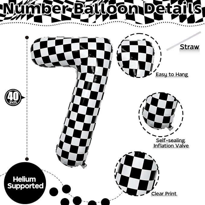 Number 7 Balloon for Boys, Giant Checkered Self Inflating Number 0-9 Set Decor - Image 2