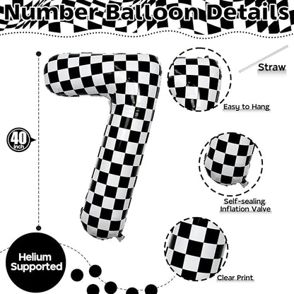 Number 7 Balloon for Boys, Giant Checkered Self Inflating Number 0-9 Set Decor - Image 2