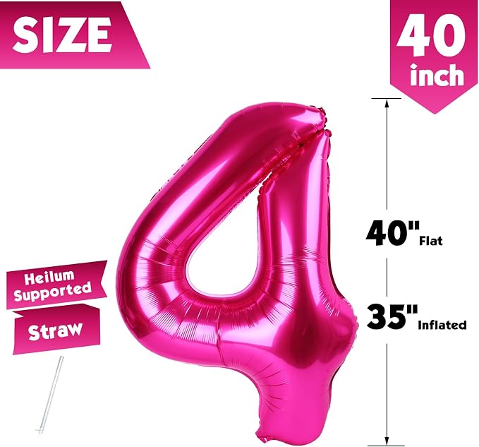 40 Inch Hot Pink Number 4 Balloon, 4th Birthday Party Decorations | 40 Inch Hot - Image 5