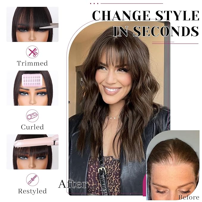 VERNA Hair Toppers for Women Real Human Hair 360°3D Cover Clip in Bangs,100% Real Human Hair Dark Brown Hair pieces Clip on Bangs for Daily Wear(5 * 9.5)
