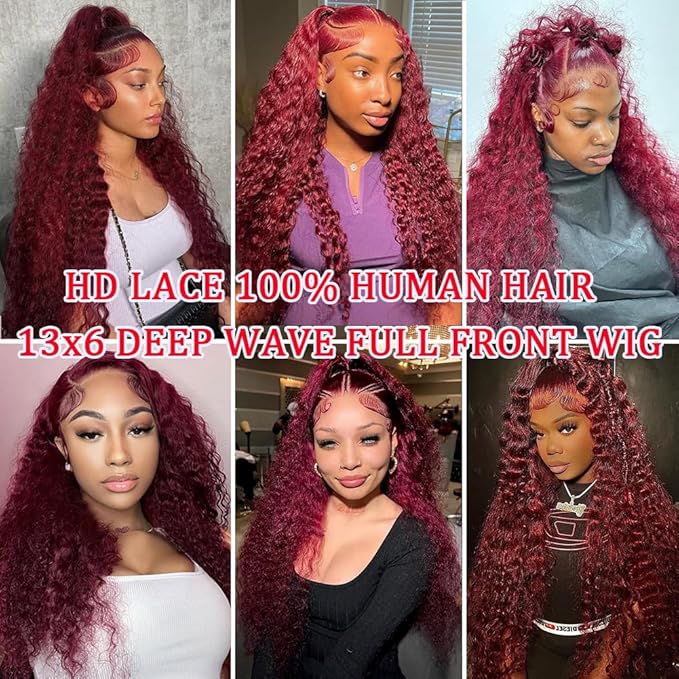 22 Inch Burgundy Lace Front Wigs Human Hair 13x6 Deep Wave HD Lace Front Burgundy Curly Frontal Wigs Human Hair Pre Plucked 200 Density