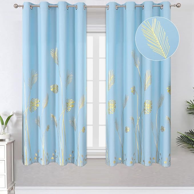Sky Blue Blackout Curtains for Bedroom, Room Darkening Gold Palm Tree Pattern by ESTELARTEXTILER