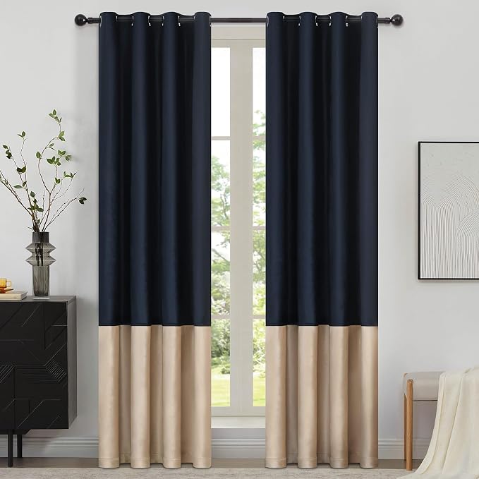 Navy Beige Velvet Blackout Curtains Luxury Decor 84 inches, Color Block | by ModernShinyVelvetCurtains