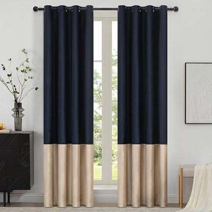 Blue Beige Velvet Blackout Curtains Luxury Decor 102 inches, Color Block | by ModernShinyVelvetCurtains