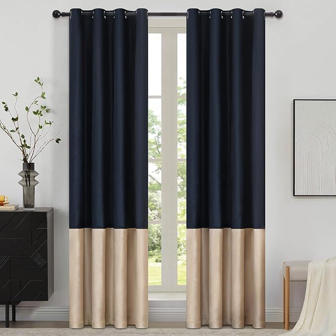 Navy Beige Velvet Blackout Curtains Luxury Decor 108 inches, Color Block | by ModernShinyVelvetCurtains