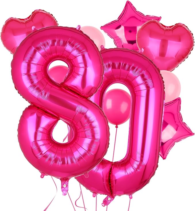 40 Inch Number Balloon Hot Pink 80 Set Pink Theme 80th Birthday Decor 10Pcs | by GGDE