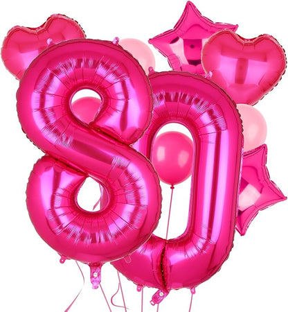 40 Inch Number Balloon Hot Pink 80 Set Pink Theme 80th Birthday Decor 10Pcs | by GGDE