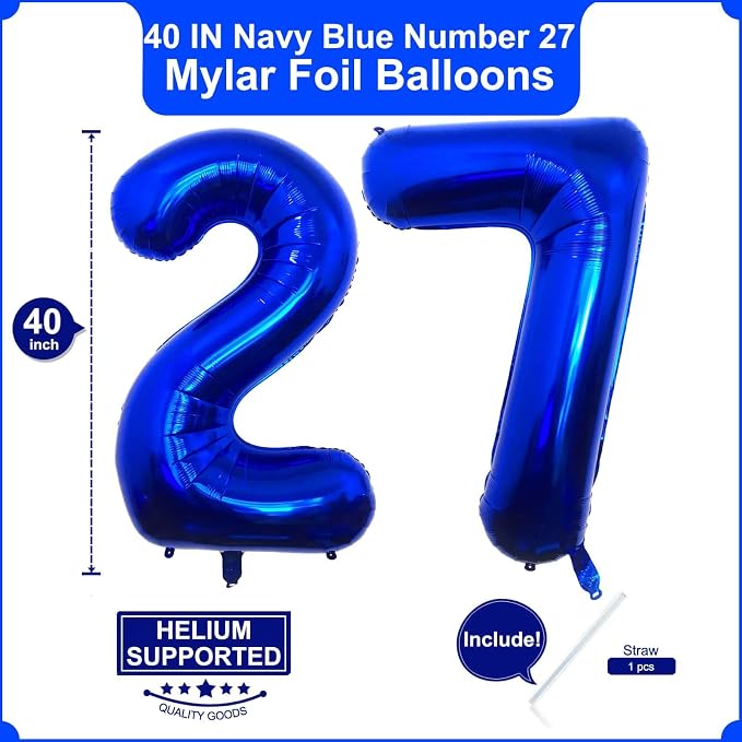 40 Inch Navy Blue 27 Balloons Giant Number 27 Balloons Navy Blue 27 Birthday - Image 2
